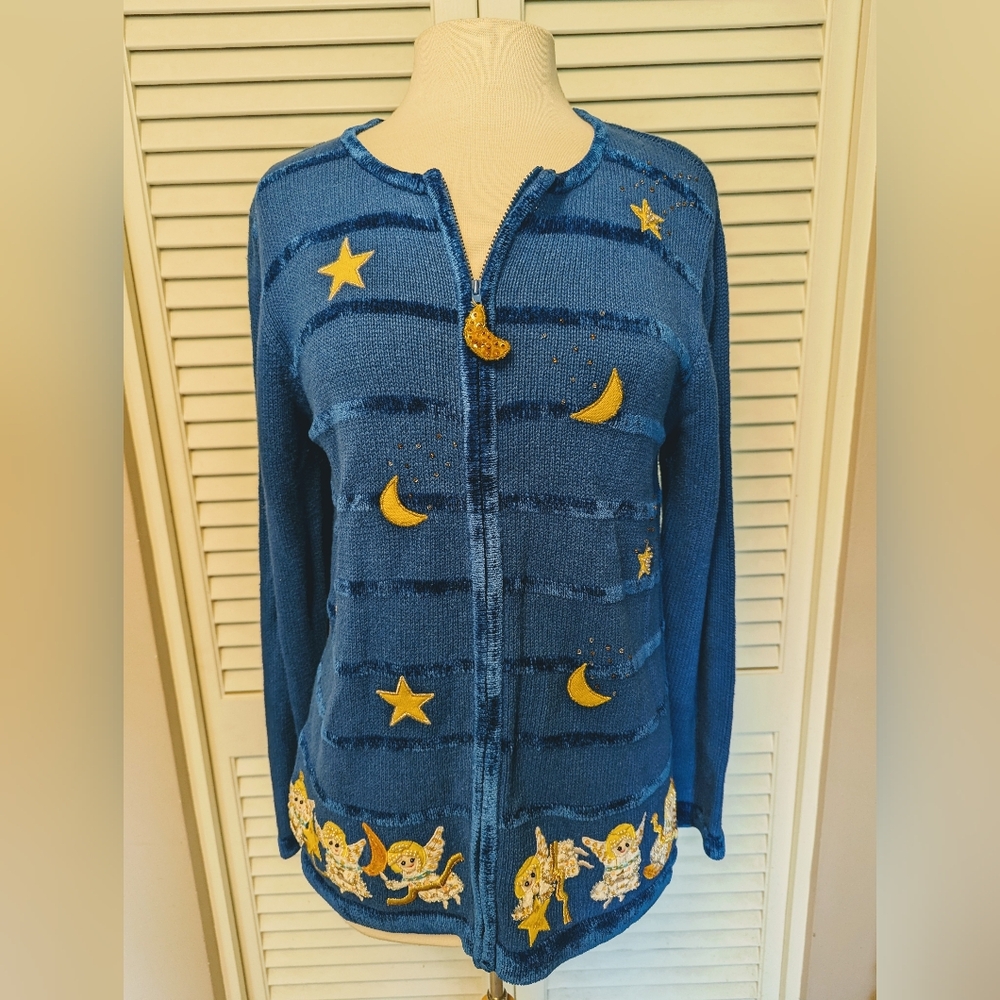 Quacker factory zip blue knit cardigan sweater embroider moon stars granny core